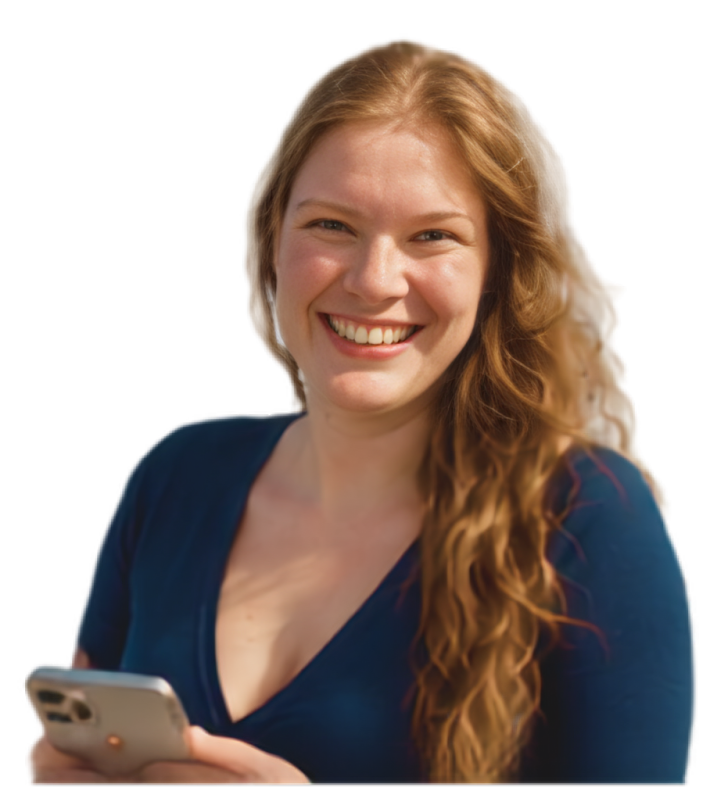 Michelle Storm, founder of Hosts & Heritage, smiling with her phone in hand